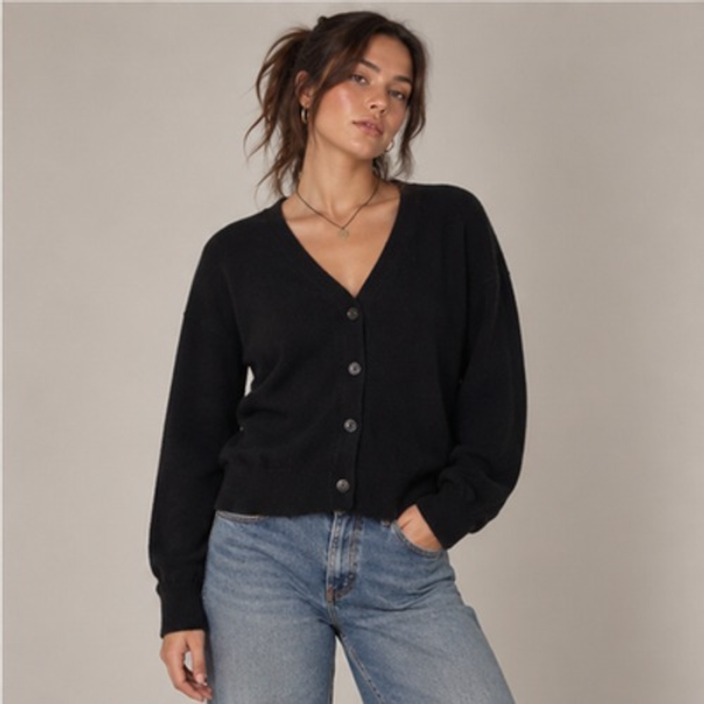 Charter Club 100% Cashmere Cardigan Sweater Womens L Black V Neck Button Front